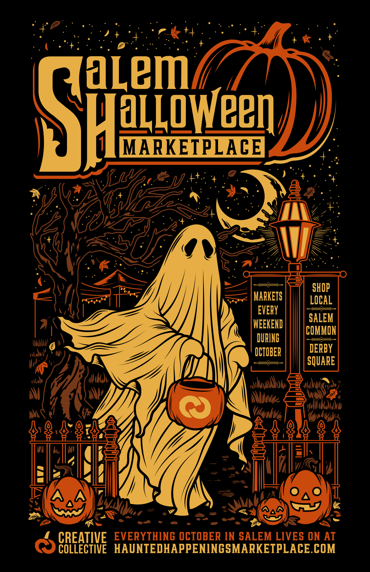 2024 Salem Halloween Marketplace poster with a ghost, iron fence, lantern post and pumpkins.