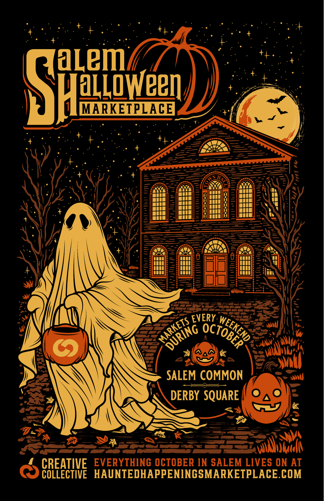 2025 Salem Halloween Marketplace poster with a ghost in front of Old Town Hall, pumpkins and a full moon.