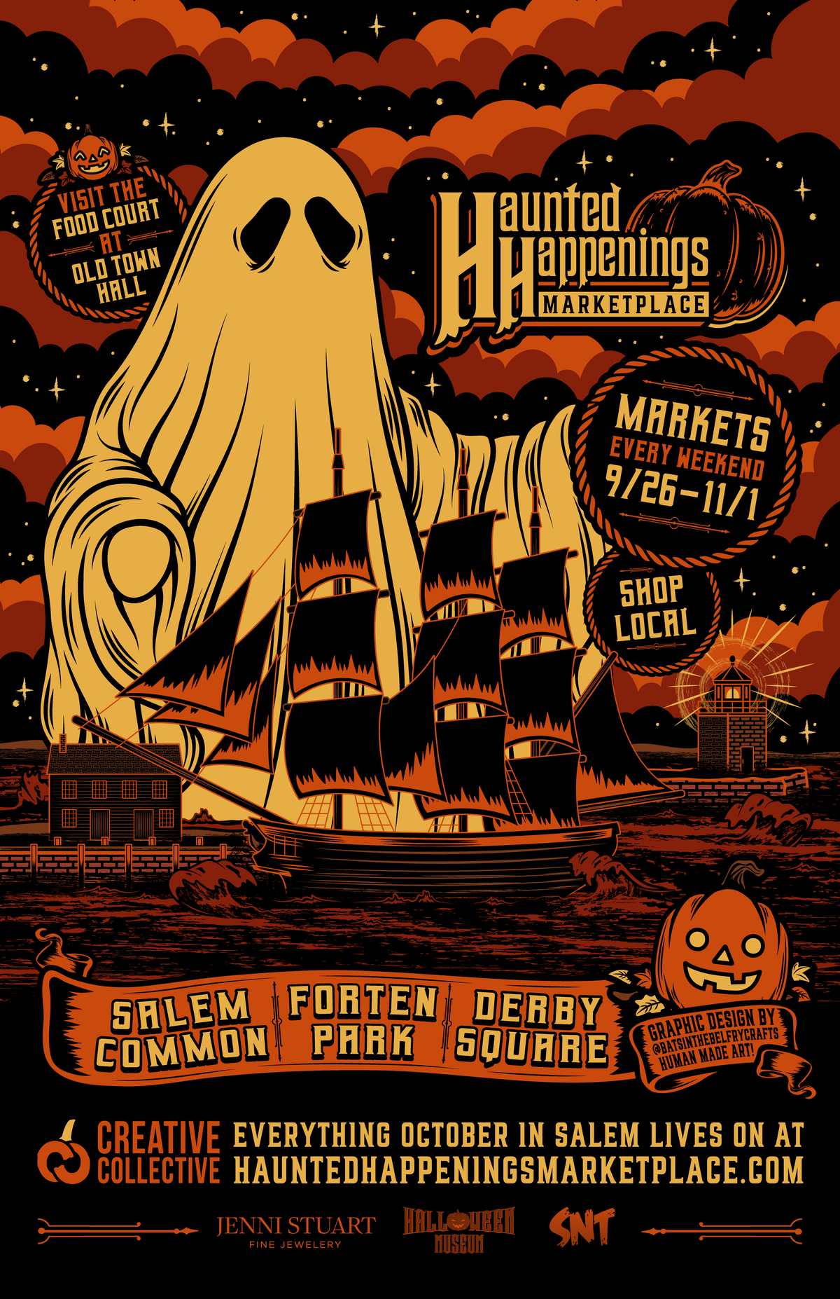 Kaiju Ghost poster for Haunted Happenings Marketplace, showing a giant ghost above a sailing ship and Salem waterfront, by Bats in the Belfry Crafts.