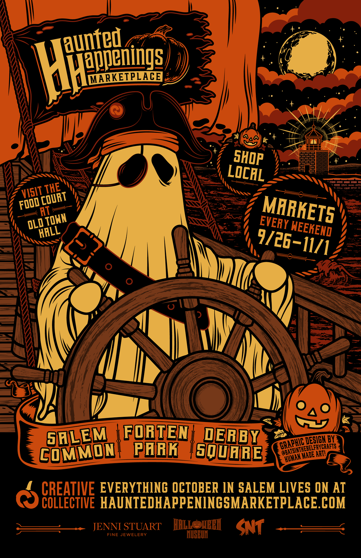 Pirate Ghost poster for Haunted Happenings Marketplace, showing a ghost steering a ship beneath a moon, by Bats in the Belfry Crafts.