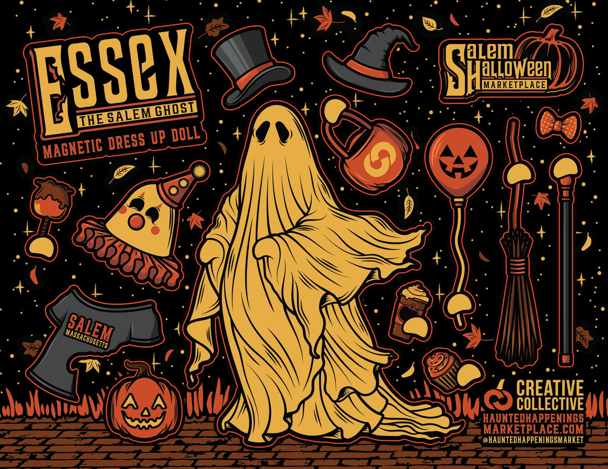 Essex the Salem Ghost magnetic dress-up doll artwork preview, with hats, clothing and Halloween accessories.