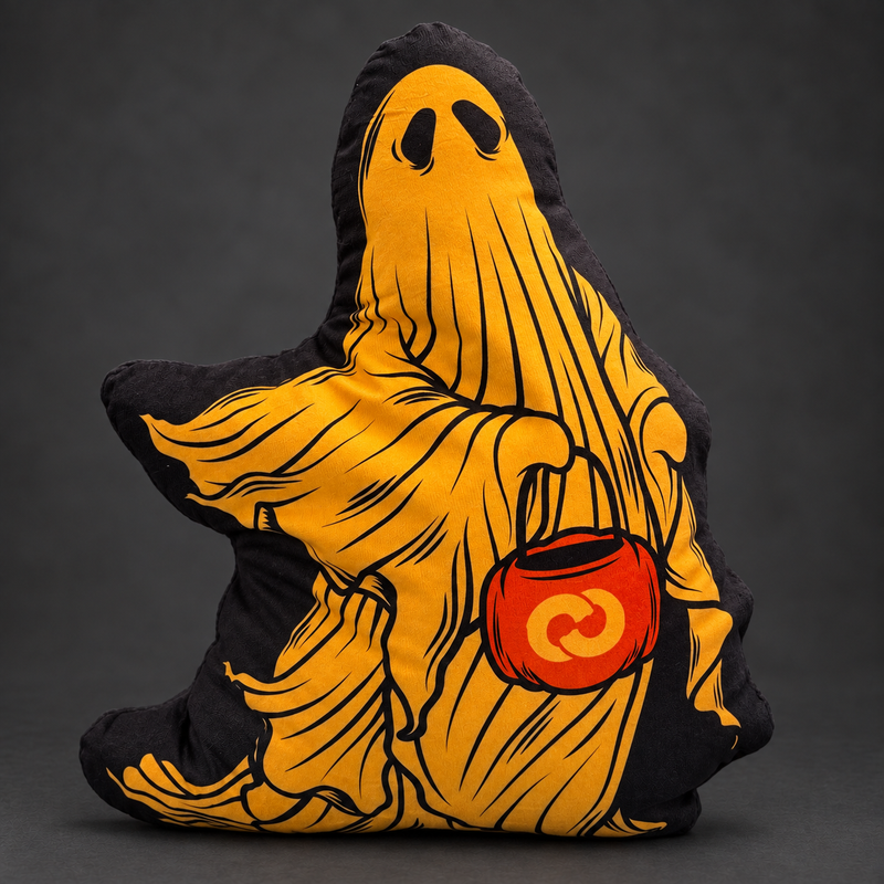 Gold ghost-shaped plush pillow with orange trick-or-treat bag on a subtle charcoal background; retouched product preview.